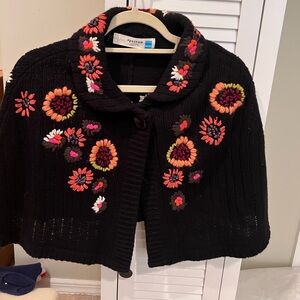 Anthropologie Sparrow Black Cape with Colorful Floral Embroidery one size
